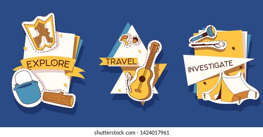 Camping stickers vector illustration. Explore, travel, investigate. Outdoor activities. Close to nature. Hiking and adventures. Equipment for travelling. Timber map kettle guitar tent flashlight.