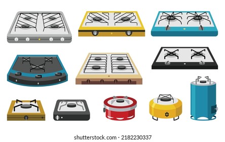 Camping Stove Cartoon Icon Set. Cartoon Gas Camp Burners, Portable Indoor Cookers, Outdoor Furnaces For Picnic Cooking On Heat Flame Propane Hob Butane Fire Travel