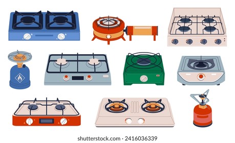 Camping stove. Expedition heating device, cooking in nature, portable outdoor burners, propane fuel, furnaces for picnic, propane hob butane, cartoon flat isolated nowaday vector set