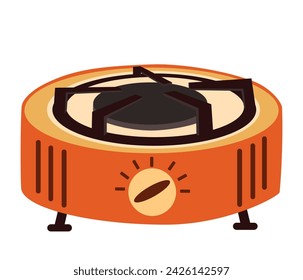 Camping stove. Gas camp burner, portable indoor cooker, outdoor furnace for picnic cooking on heat flame propane hob butane fire travel stoves cook neat. Vector Cartoon illustration of gas fire burner