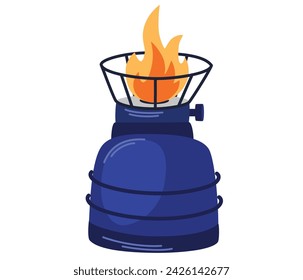 Camping stove. Gas camp burner, portable indoor cooker, outdoor furnace for picnic cooking on heat flame propane hob butane fire travel stoves cook neat. Vector Cartoon illustration of gas fire burner