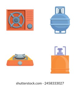 Iconos de estufa de camping conjunto de dibujos animados Vector. Tipo diferente de horno de gas. Equipamiento turístico