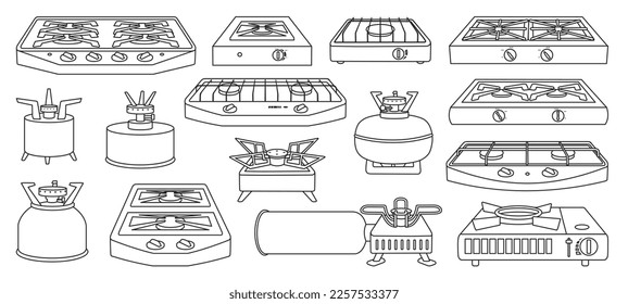 Camping stove vector black icon set . Collection vector illustration furnace travel on white background.Isolated black illustration icon set of camping stove for web design.