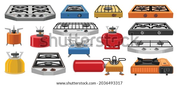 Camping stove\
vector cartoon icon set . Collection vector illustration furnace\
travel on white background.Isolated cartoon illustration icon set\
of camping stove for web\
design.