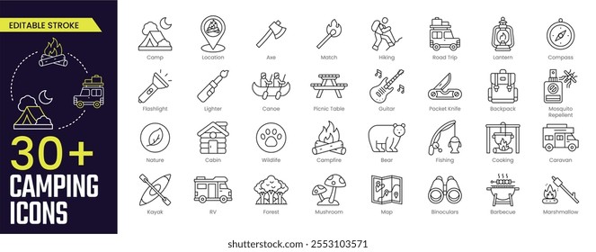 Camping Stroke icon collections. Containing Camp, Location, Campfire, Fishing, Cooking, Caravan, Barbecue, Map, Forest, and Wildlife icons. Editable Stroke icon collection Outline icon