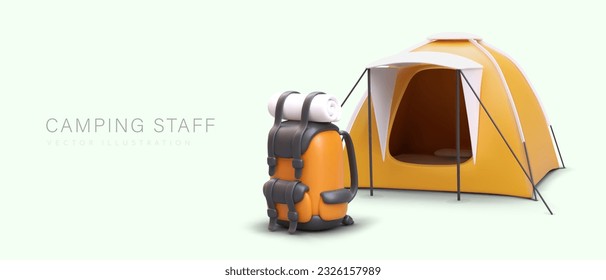 Acampando. Tienda realista y mochila naranja. Afiche publicitario de la tienda de propiedades turísticas sobre fondo de color. Concepto vectorial para el diseño web, lugar de oferta