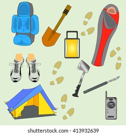 Camping Stuff Vector Illustration.  Tourist Equipment Silhouette Isolated On Light Green Background. Vector objects for Labels and Badges, Logos Design.  Tourism, Hiking Symbol