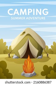 Camping, Summer Adventure Flyer, Outdoor Recreation With Tent, Bonfire, Vector Illustration, Cartoon Style Text, Landscape With Sky, Meadow, Forest. For Banner, Site, Poster, Advertising. A4 Format