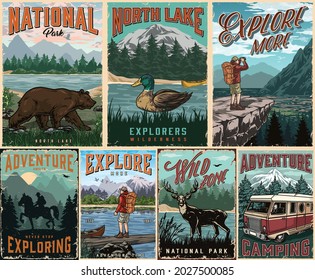 Afiches de acampada y aventura de verano con natación de pato en lagos oso de reno viajantes de motor hombre montando caballo en paisajes naturales en vintage ilustración vectorial