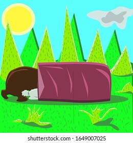 Camping In Summer with Animal Friends. Bear and rabbit in the tourism tent.Cartoon vector illustration
