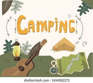 Camping, summer camp and travel concept in flat style, vector illustration.
