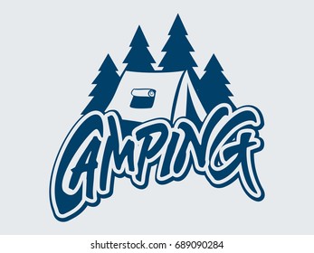 Camping. Summer camp. Vector illustration. Concept for shirt or logo, print, stamp. Typography design of the tent and the silhouette of the forest.