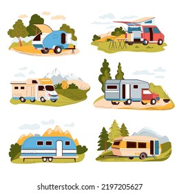 Camping summer holidays active lifestyle and rest. Isolated camper van with tent and table with chairs for sitting. Vehicles for traveling long distances, comfortable trip. Vector in flat style