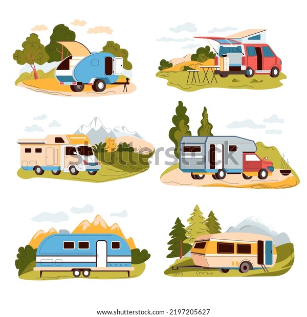 Camping\
summer holidays active lifestyle and rest. Isolated camper van with\
tent and table with chairs for sitting. Vehicles for traveling long\
distances, comfortable trip. Vector in flat\
style