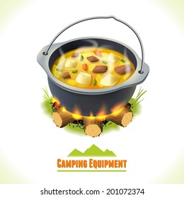Camping summer outdoor activity concept equipment food pot symbol vector illustration.