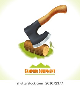 Camping summer outdoor activity concept equipment axe and log symbol vector illustration.