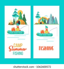 Camping. Summer outdoor recreation in the tent.  Fisherman with a cat in a rubber boat.  Tent camp. Vector illustration, emblem.