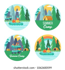 Camping. Summer outdoor recreation in the tent.  Fisherman with a cat in a rubber boat.  Campground and car. Vector illustration, emblem.