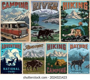 Camping and summer recreation posters set with motorhome traveler sitting on grass near lake tourist tent campfire deer bear and bison vector illustration