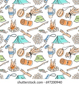 Camping summer seamless pattern. Cartoon sketch style, tourism background