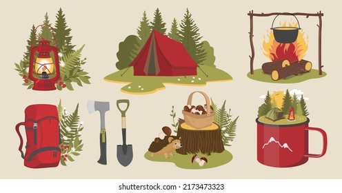 Camping summer set: tent, forest landscape, mug, backpack, campfire. Vector clipart.