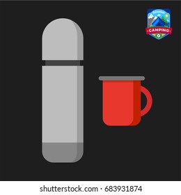 Camping summer thermos, enamel mug icon. Outdoor camp tourism. Isolated vector illustration in cartoon style