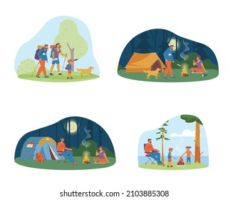 Camping summer vacation banners or scenes collection, flat vector illustration isolated on white background. Family with children traveling and hiking in forest.