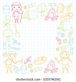 Camping. Summer vacation. Boys and girls. Kindergarten children. School students. Young scouts. Wood. Forest. Fire. Adventure and exploration.