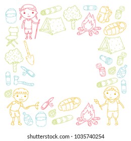 Camping. Summer vacation. Boys and girls. Kindergarten children. School students. Young scouts. Wood. Forest. Fire. Adventure and exploration.