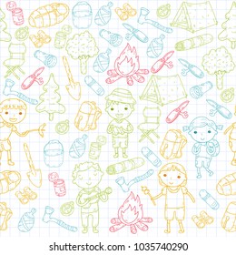 Camping. Summer vacation. Boys and girls. Kindergarten children. School students. Young scouts. Wood. Forest. Fire. Adventure and exploration.