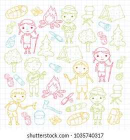 Camping. Summer vacation. Boys and girls. Kindergarten children. School students. Young scouts. Wood. Forest. Fire. Adventure and exploration.