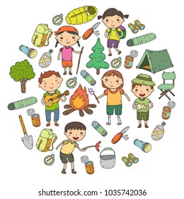 Camping. Summer vacation. Boys and girls. Kindergarten children. School students. Young scouts. Wood. Forest. Fire. Adventure and exploration.