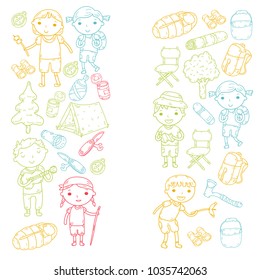 Camping. Summer vacation. Boys and girls. Kindergarten children. School students. Young scouts. Wood. Forest. Fire. Adventure and exploration.