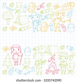 Camping. Summer vacation. Boys and girls. Kindergarten children. School students. Young scouts. Wood. Forest. Fire. Adventure and exploration.