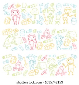Camping. Summer vacation. Boys and girls. Kindergarten children. School students. Young scouts. Wood. Forest. Fire. Adventure and exploration.