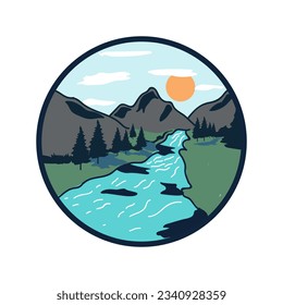 Camping and sunrise graphic illustration. Camping outdoor and adventure illustration vector. Camping and sunrise graphic illustration vector art t-shirt design.
Camping with beauty view of mountains 
