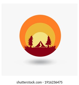 Camping sunset landscape logo with woods design idea template