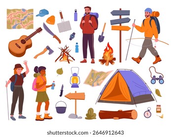 Camping supplies and characters. Outdoor hiking, backpacking people and tourists tools, tent, bonfire and axe flat vector illustration set. Tourist equipment and characters collection