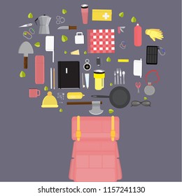 Camping supplies , set of camping stuff  vector illustration , web and print vector flat illutration surviaval set whith gloves
hat, knife  and many more .