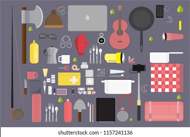 Camping supplies , set of camping stuff  vector illustration , web and print vector flat illutration surviaval set whith gloves
hat, knife  and many more .