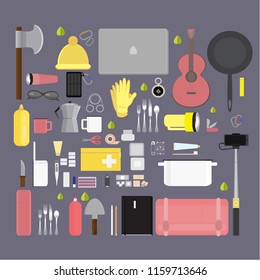 Camping supplies , set of camping stuff  vector illustration , web and print vector flat illutration surviaval set whith gloves
hat, knife  and many more .