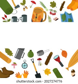 Camping supplies template for text. Mats, boots, tent, map, flashlight, compass, thermos, backpack, mushrooms, berries, shovel, socks, map. The vector illustration is isolated.