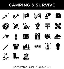 Camping And Survive Icon Set Include Flashlight,fishing,flag,compass,kayak,tent,bottle,tissue,forest,boots,knife,barbeque,life Jacket,mountain,sleeping Bag