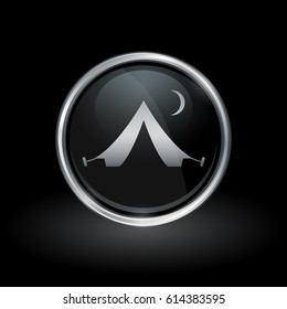 Camping symbol with tent icon inside round chrome silver and black button emblem on black background. Vector illustration.