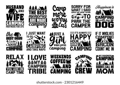camping T shirt Design Bundle, Vector camping diseño de camisetas, camping, camping, senderismo, exterior, tipografía Diseño de camisetas Colección