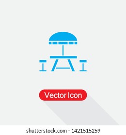 Camping Table and Bench Icon, Umbrella with Table and Chair Icon Vector Illustration Eps10