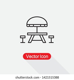 Camping Table and Bench Icon, Umbrella with Table and Chair Icon Vector Illustration Eps10