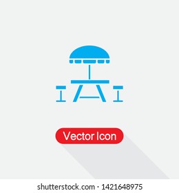 Camping Table and Bench Icon, Umbrella with Table and Chair Icon Vector Illustration Eps10