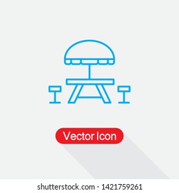 Camping Table and Bench Icon, Umbrella with Table and Chair Icon Vector Illustration Eps10
