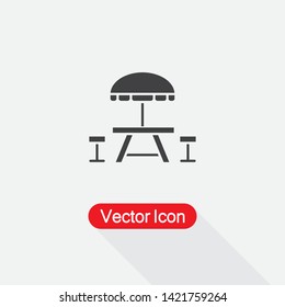 Camping Table and Bench Icon, Umbrella with Table and Chair Icon Vector Illustration Eps10